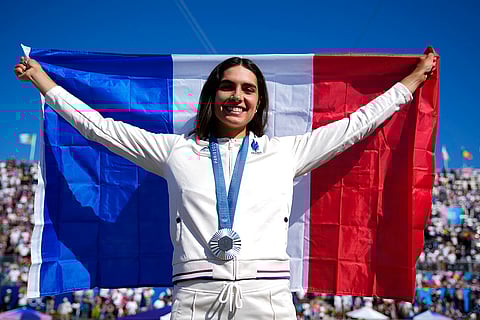 Women's kayak cross medal ceremony: Silver medalist Angele Hug of France
